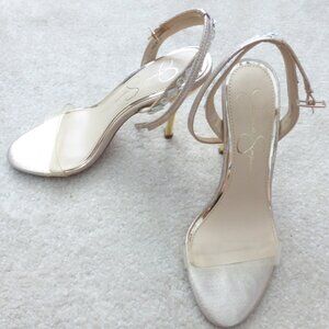 JESSICA SIMPSON shimmery gold single strap heels with crystal bead accets